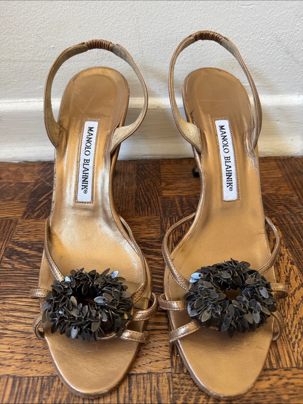 Manolo Blahnik Slingback Heels with Metal Floral Rosettes
